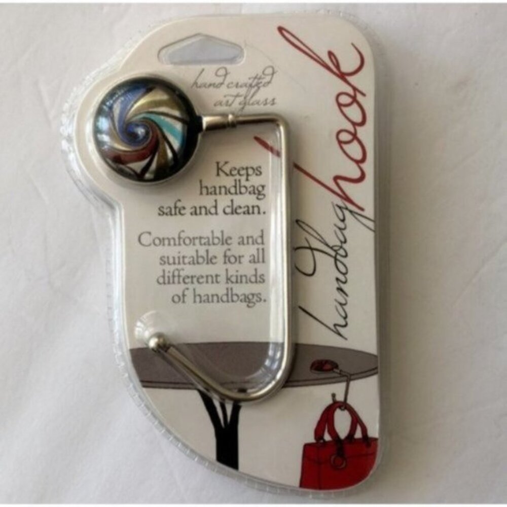 HAND CRAFTED ART AND GLASS HANDBAG HOOK HANGER HOLDER SILVER COLOR